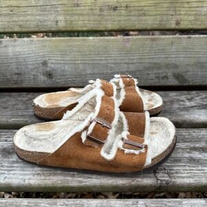 Birkenstock Arizona Shearling Lined Suede Leather Sandals Brown Size EU 43 US 10